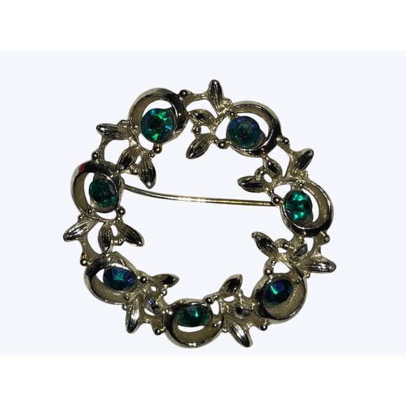 Vintage BSK Round Silver-Toned Brooch With Green Blue Rhinestones - Picture 8 of 13